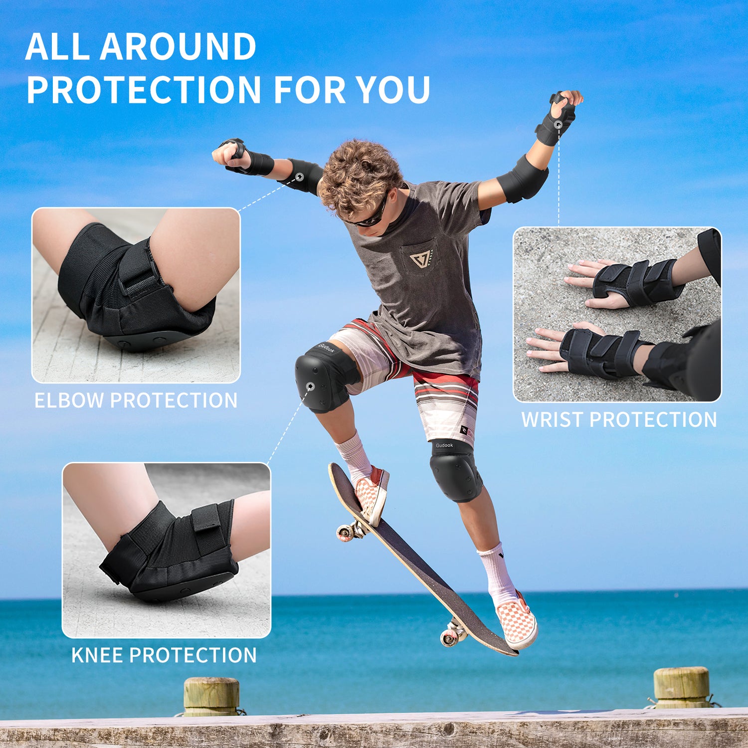 Gudook Kid's Knee Elbow Pads Protection Wrist Guards-F003-Kuyou China Outdoor Sports Recreation for Bicycle, Skateboard, Skiing, Roller Skate, Scooter